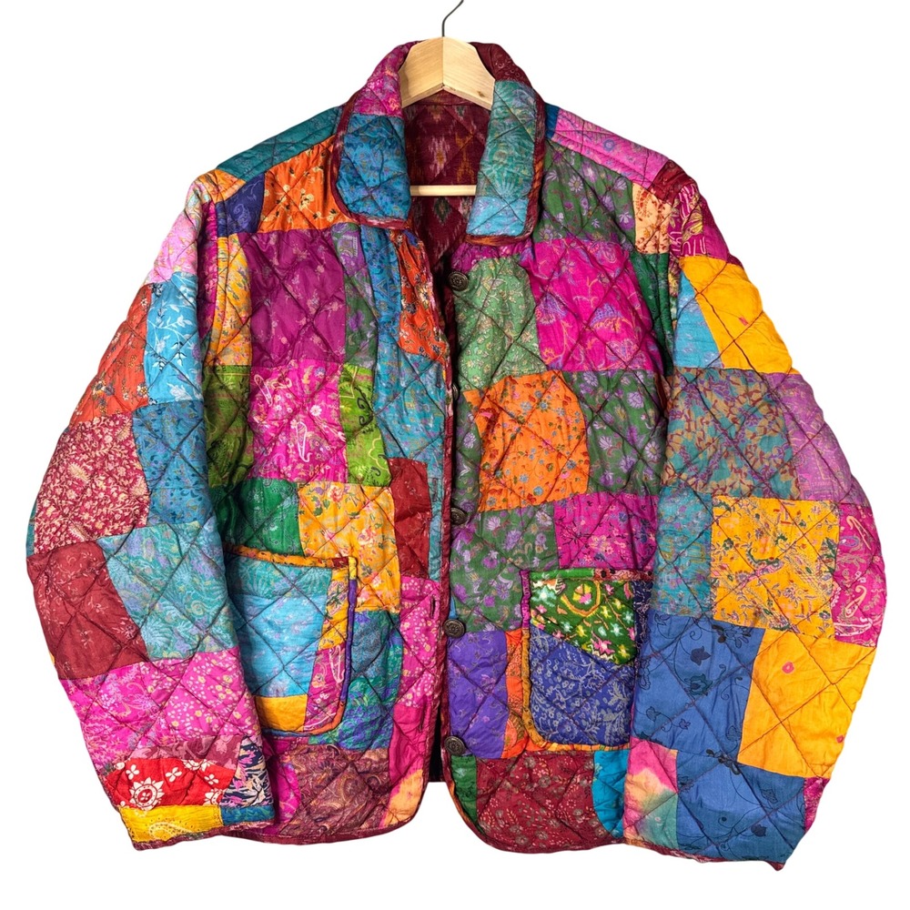 Artezen Silk Reversible Quilted Patchwork Jacket Floral Ikat Boho Medium